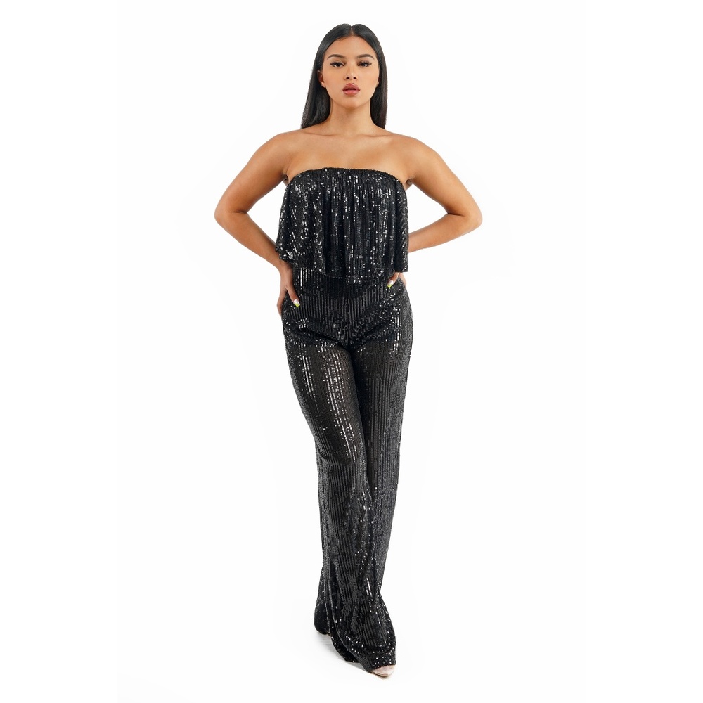 Black Sequin Strapless Wide Leg Jumpsuit - Picture 3 of 6